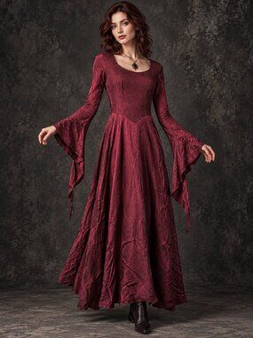 Vtg Asylum by Melissa McElrath Burgundy Dress M Bell Sleeve Lace Up Back Gothic